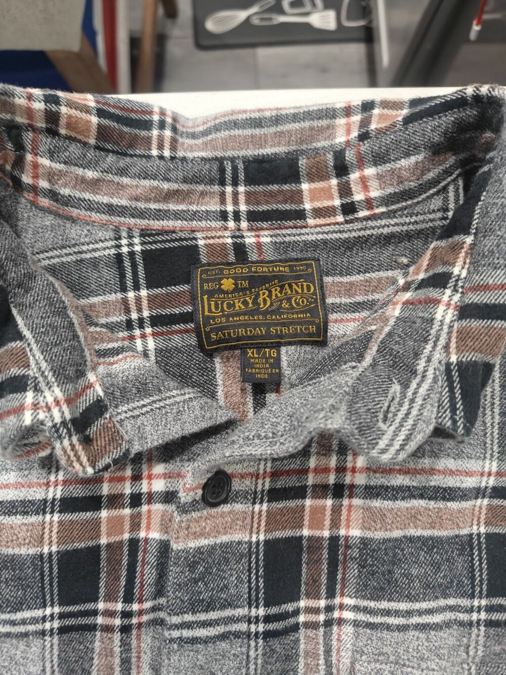 Lucky Brand Flannel Shirt Mens XL Grey Plaid Saturday Stretch